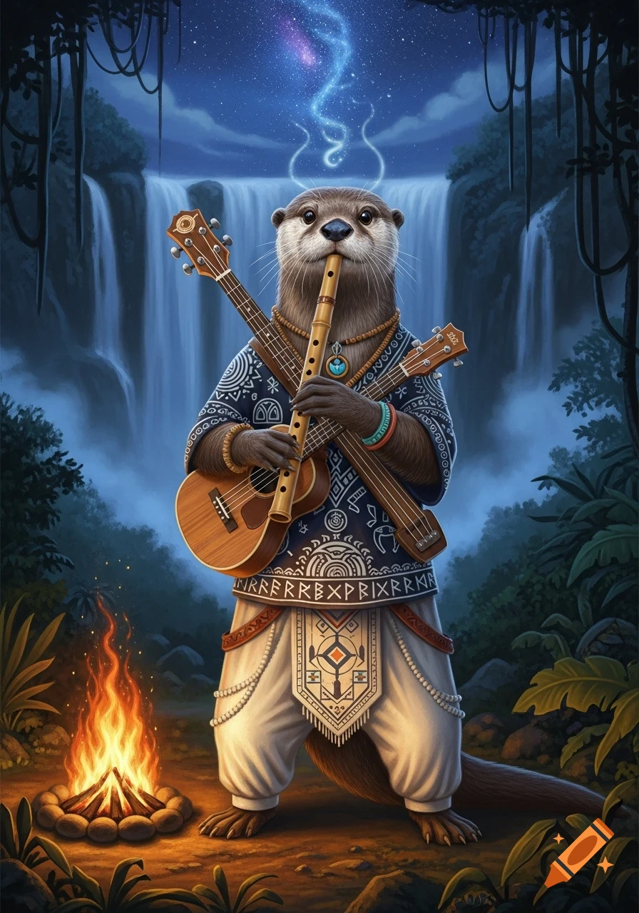 A mystical anthropomorphic otter plays a bamboo flute while holding a ukulele bass in a jungle at night, with waterfalls, a bonfire, and a starry sky.