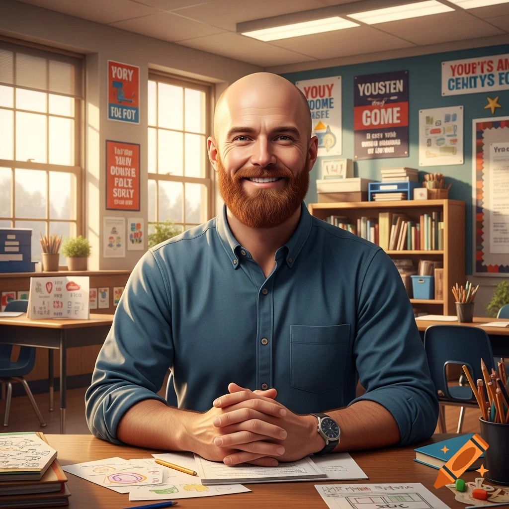 A smiling bald man with a ginger beard, dressed in a blue button-up shirt, sits at a desk in a classroom setting with papers, pencils, and books. Posters with gibberish text adorn the wall behind him.