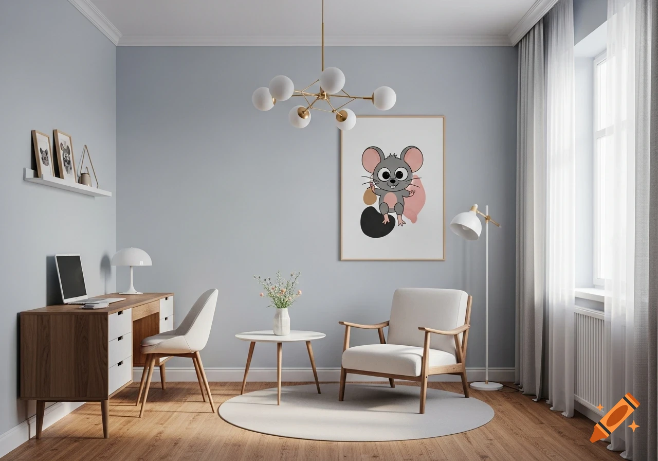 A modern home office with a wooden desk, white chair, comfortable armchair, and a cartoon mouse poster on light blue walls.