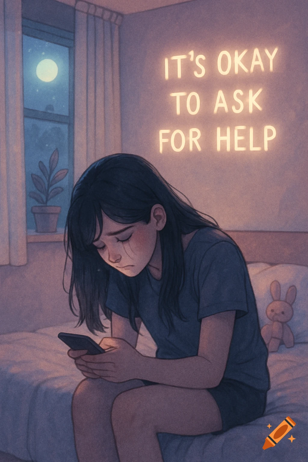 An illustration of a sad girl sitting on a bed looking at her phone, with a neon sign on the wall reading 'IT'S OKAY TO ASK FOR HELP'.