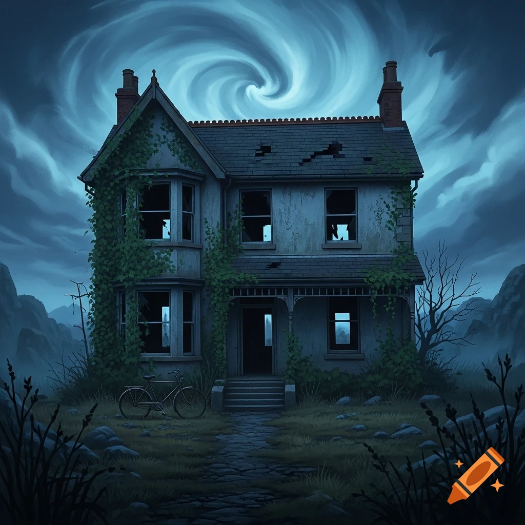 A spooky abandoned house with broken windows and ivy under a swirling, stormy blue sky, with a bicycle parked outside. Stylized illustration.
