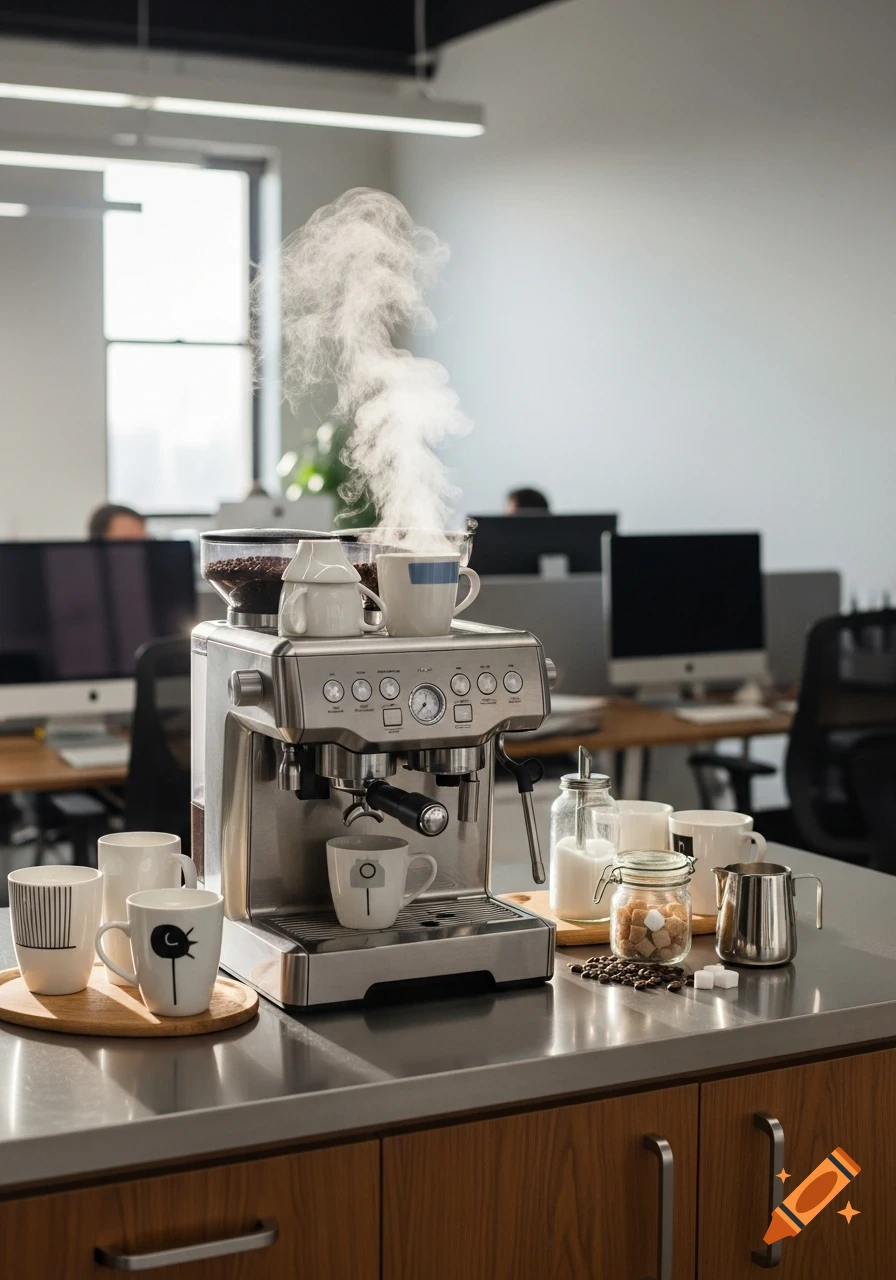 A steaming espresso machine surrounded by coffee beans, sugar, and various mugs on a counter in a modern office.