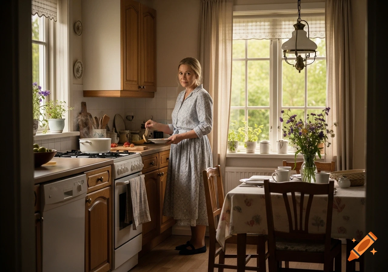 A woman in a light blue dress cooks in a cozy kitchen, illuminated by sunlight through a window.