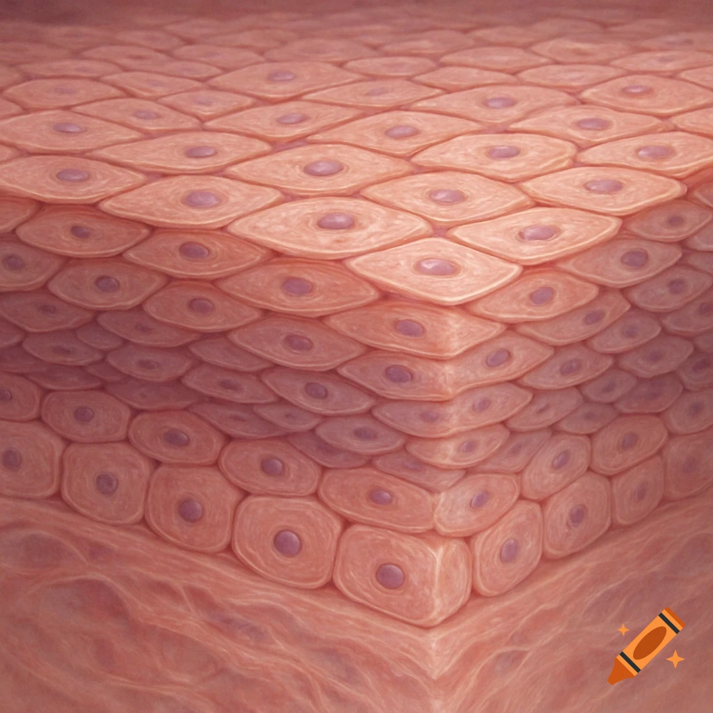 Detailed scientific illustration of stratified squamous epithelium, showing multiple layers of flattened cells with visible nuclei.