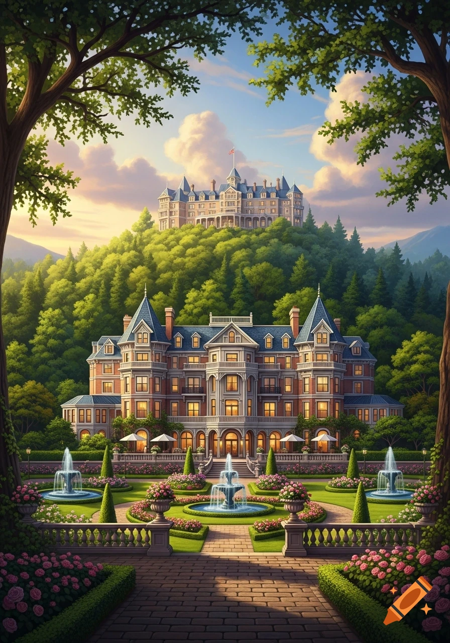 A grand Victorian-era resort with elaborate gardens and fountains sits on a lush, forested hill, beneath a colorful sky.