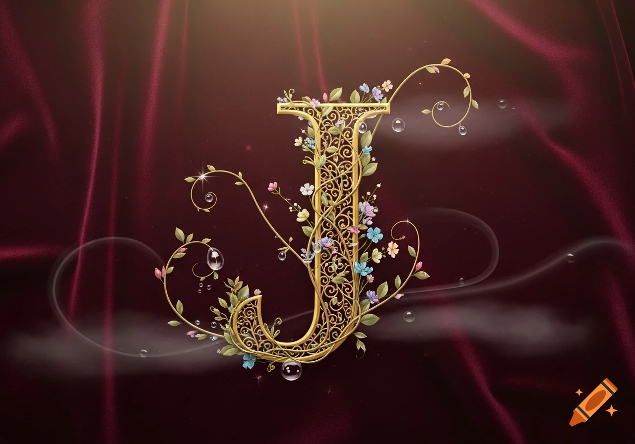 A golden, ornate letter J, adorned with colorful flowers, vines, and sparkling water droplets, against a rich burgundy draped fabric background.