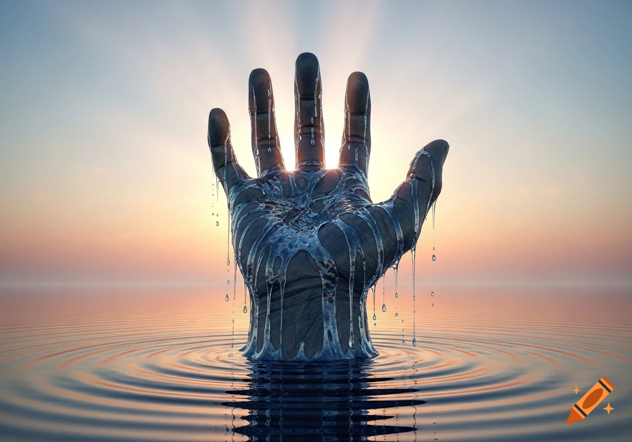 A large hand covered in dripping water emerges from calm water with ripples at sunset.
