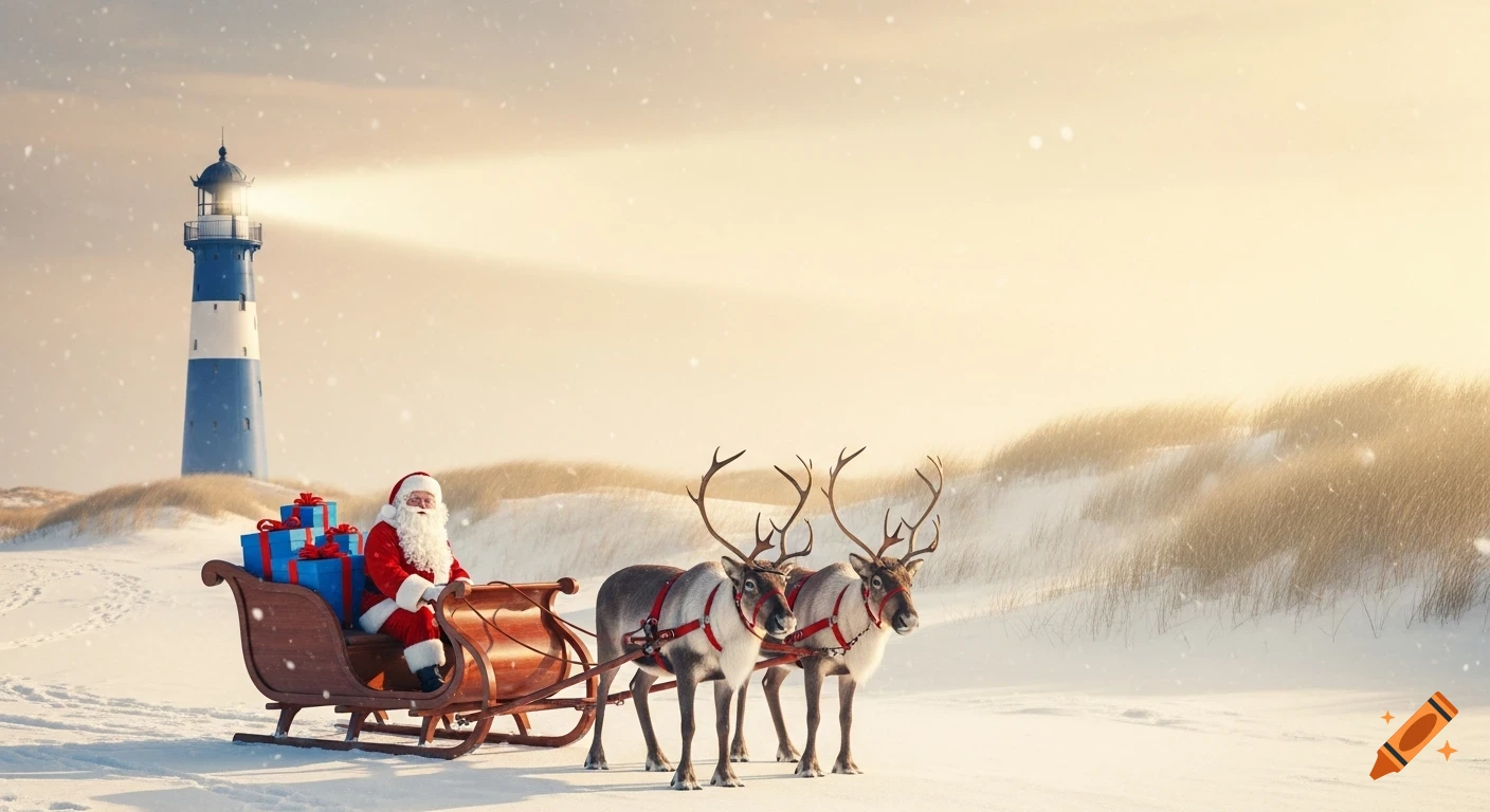 Santa Claus in a sleigh pulled by two reindeer on a snowy coast, with a lighthouse in the background, under golden hour light.