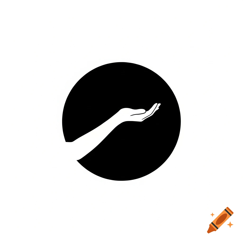 A minimalist graphic of a white arm and open hand extending from a black circle against a white background.