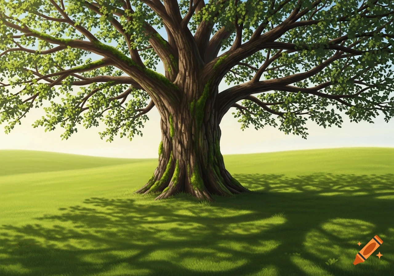 A large, leafy tree with a thick, textured trunk stands on a rolling green grassy hill, casting long shadows under a bright sky.