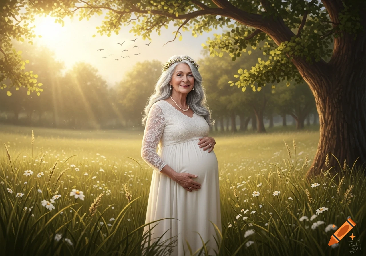An elderly pregnant woman in a white dress and flower crown smiles in a sunny, flower-filled meadow.