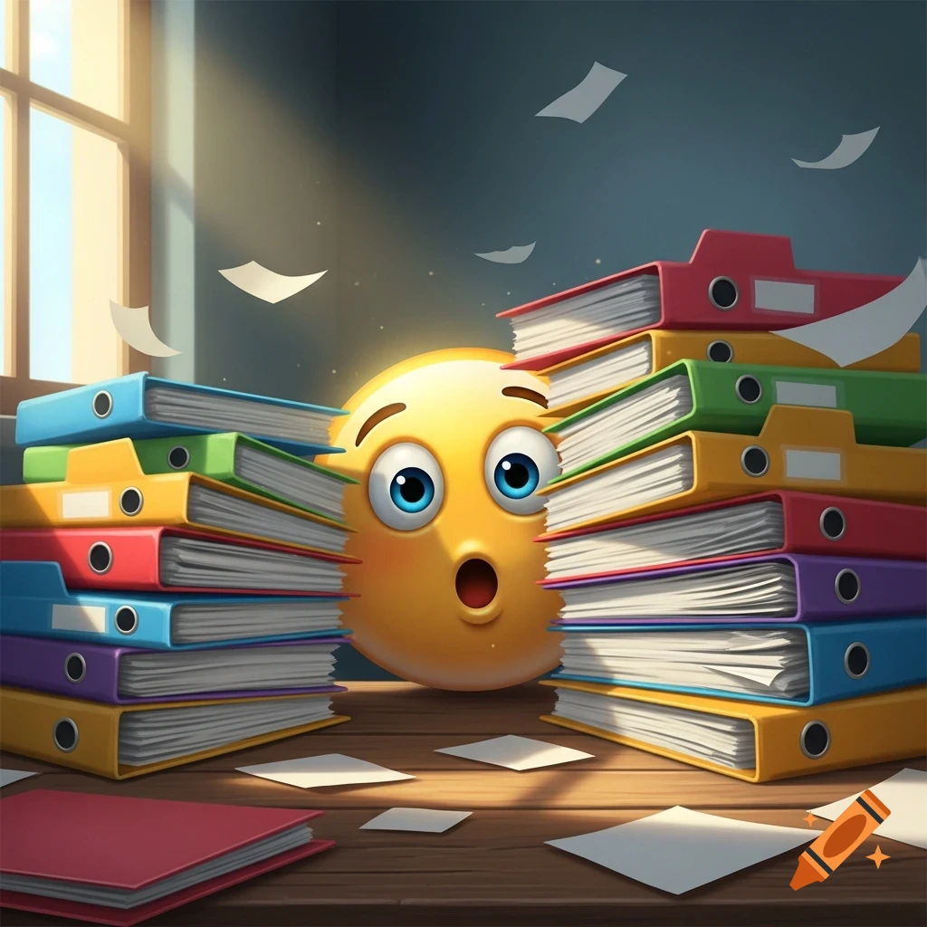 A surprised yellow emoji peeks from behind tall stacks of colorful office binders on a wooden desk, surrounded by flying papers, illuminated by sunlight from a window.