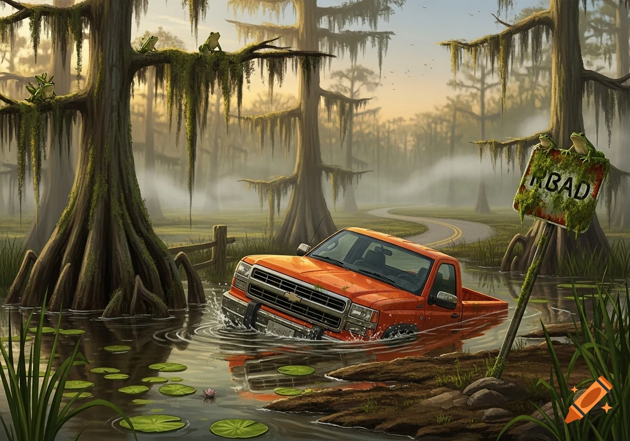 An orange pickup truck is sinking in a murky swamp with cypress trees, lily pads, and frogs, near an overgrown sign and a winding road.