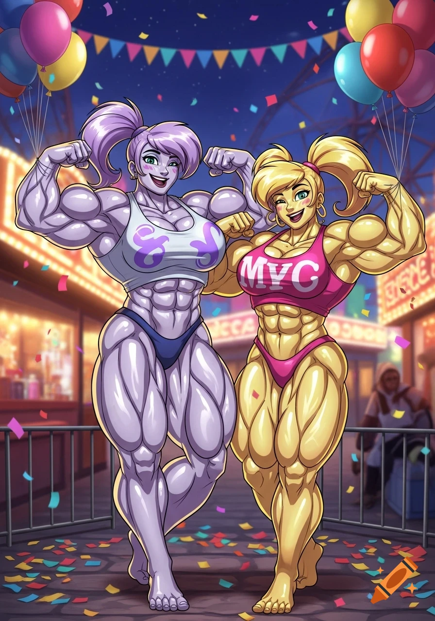 Two extremely muscular cartoon women, one with purple hair and the other blonde, flex their biceps at a carnival. Confetti litters the ground, and balloons float in the night sky.