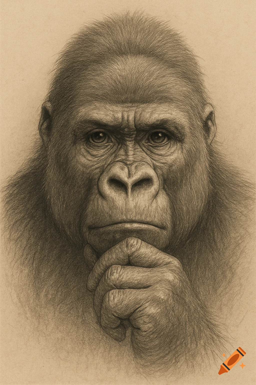 A detailed charcoal drawing of a thoughtful gorilla's face, with its hand on its chin, looking directly forward.