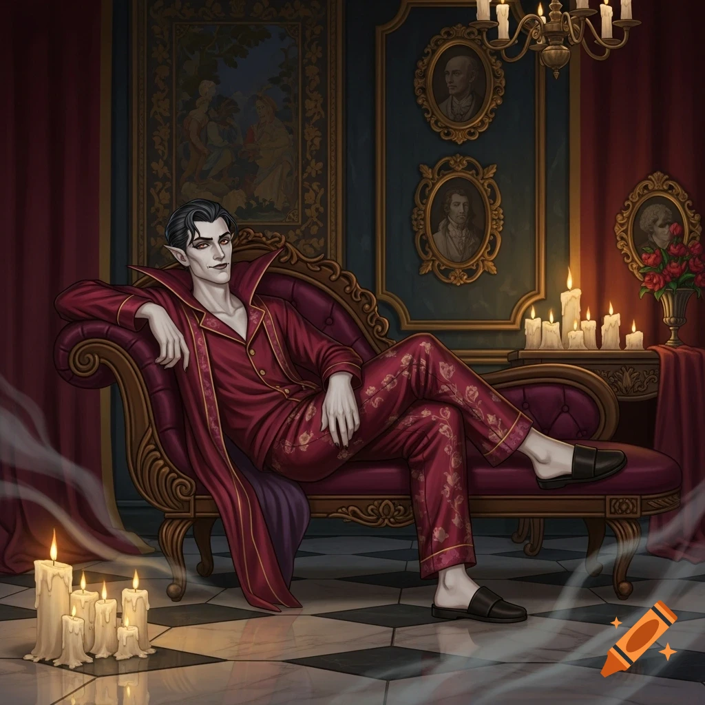 A pale-skinned male vampire with pointed ears reclines on a lavish purple chaise lounge in a candlelit room, wearing red patterned pajamas and a robe.