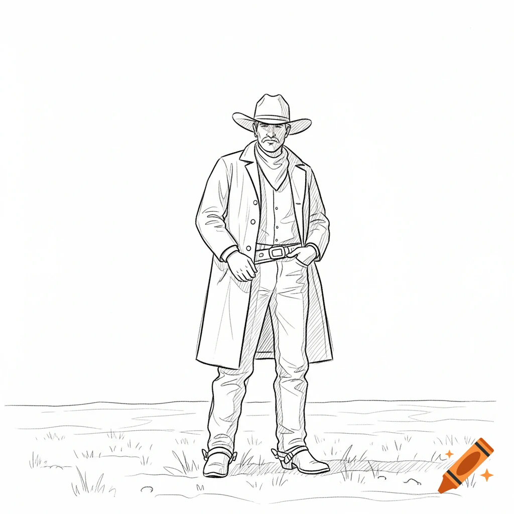A line art drawing of a cowboy in a duster coat and hat standing in a grassy field.
