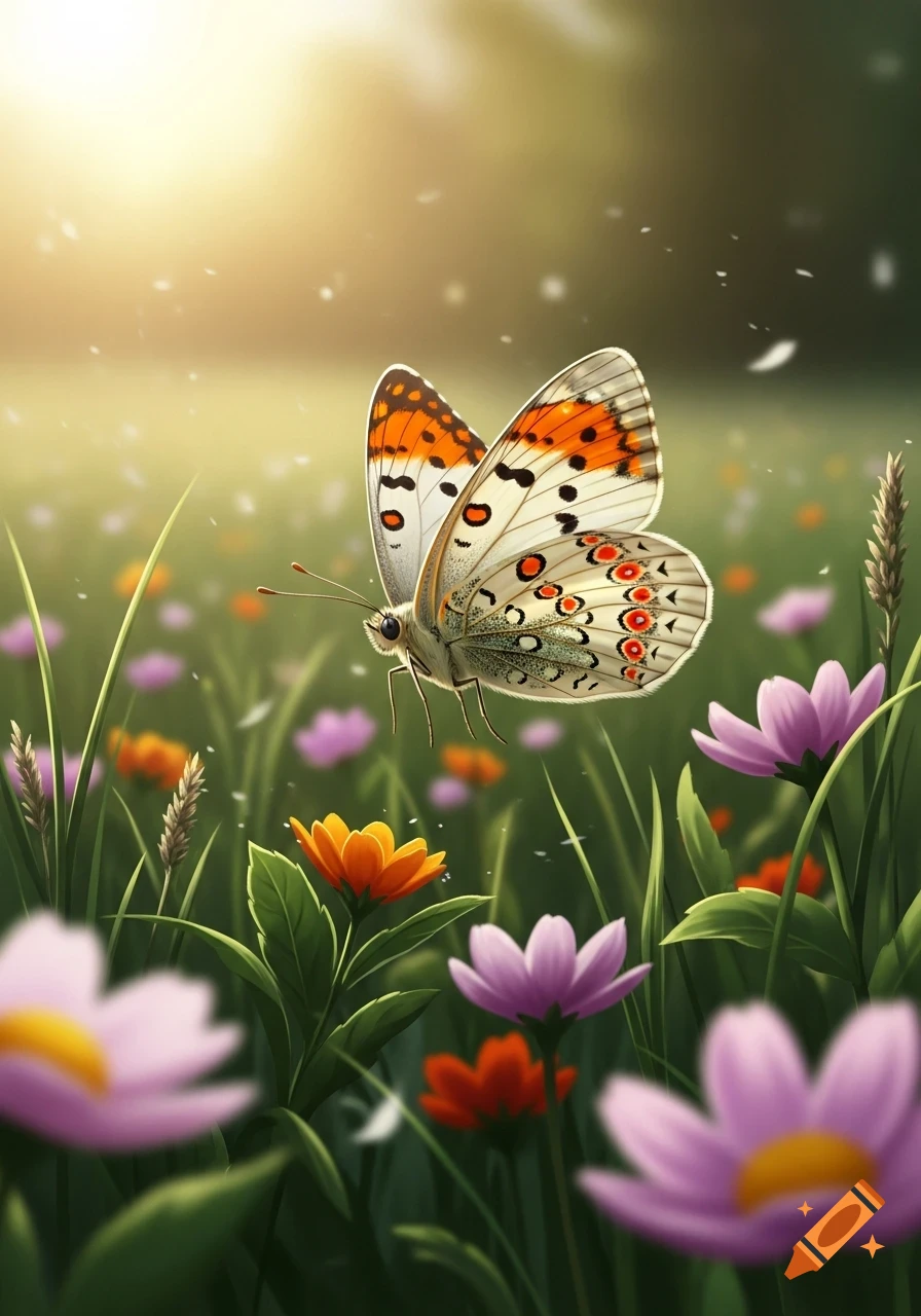 A vibrant white and orange butterfly with spotted wings flying over a sunlit meadow of colorful flowers and tall grass.