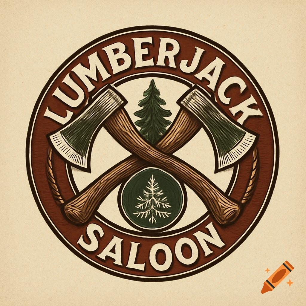 A vintage-style circular logo for "Lumberjack Saloon" featuring crossed axes and a pine tree.