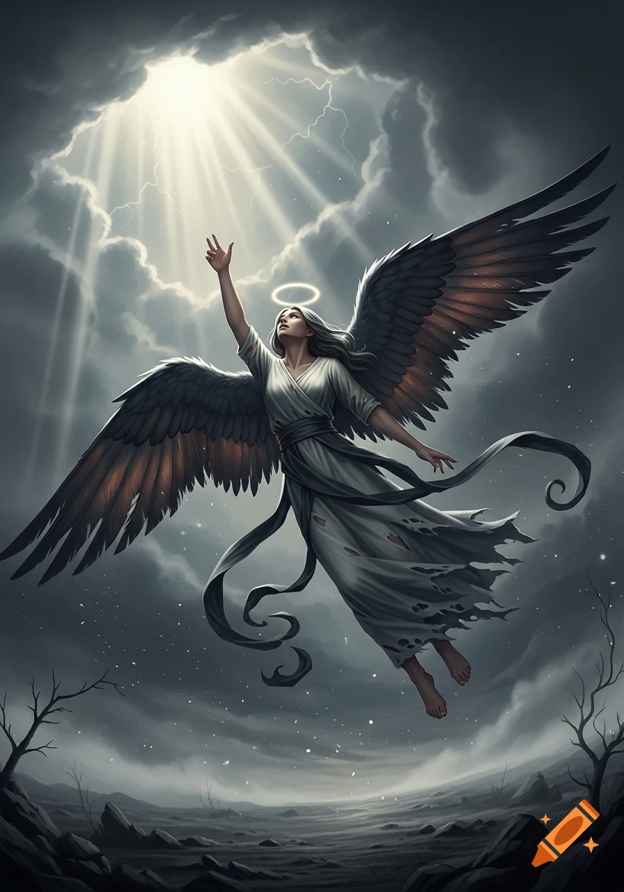 A dramatic, gothic winged angel floats upwards, reaching for a light beam breaking through dark, stormy clouds above a desolate land.
