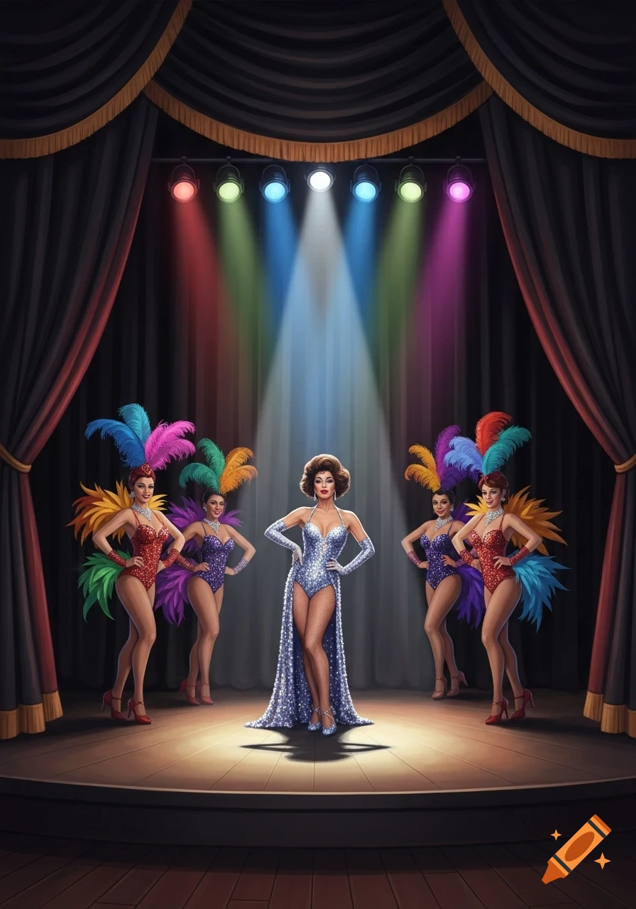 Drag queen in silver glitter gown performs center stage, flanked by four dancers in vibrant feathered costumes, under colorful spotlights.