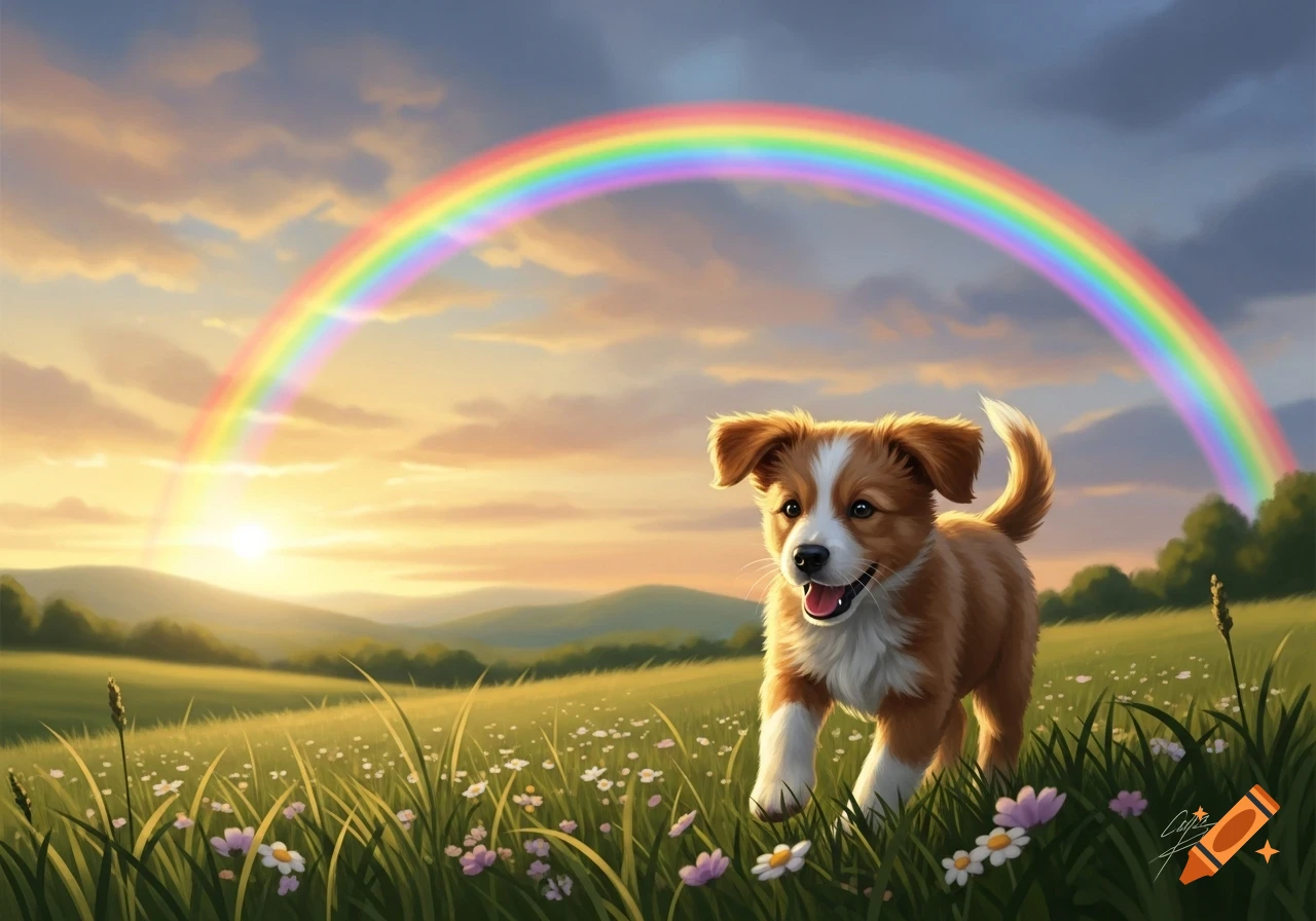 A happy puppy runs through a flower-filled field under a vibrant rainbow at sunset in a painterly style.