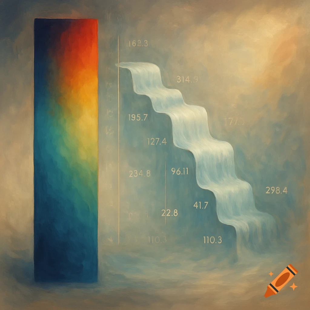 A stylized, painterly image of a rainbow-colored vertical bar next to a cascading waterfall chart with various numbers.