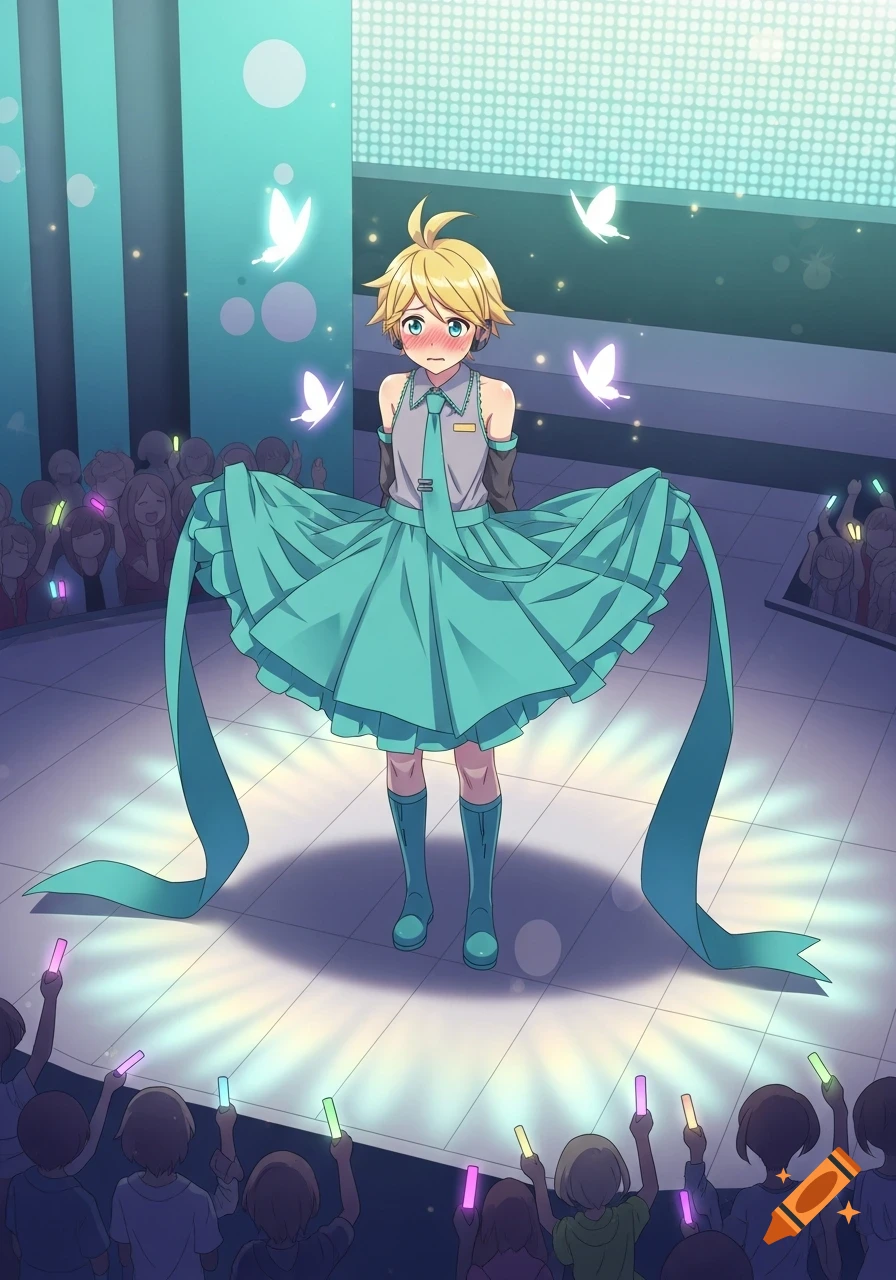 Kagamine Len on a stage wearing a teal Miku skirt with long ribbons, looking embarrassed, with glowing butterflies around him.