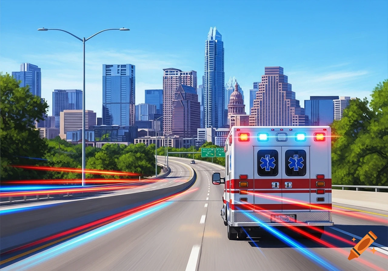 A stylized illustration of an ambulance driving on a highway towards the Austin, Texas city skyline.