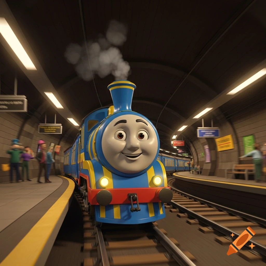 A smiling blue and yellow cartoon train with a face emerges from a dark subway tunnel into a station with blurred passengers.