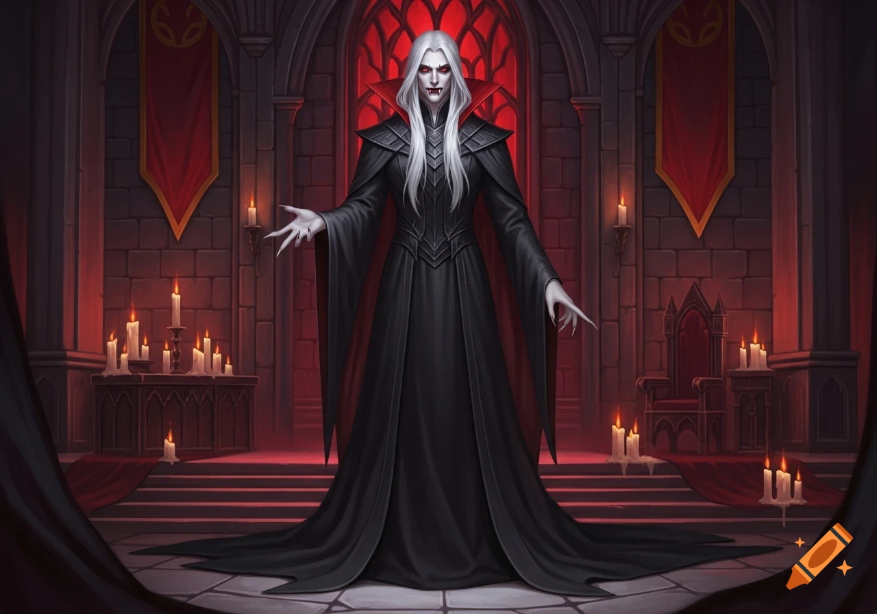 A full-body portrait of a male vampire with white skin, long white hair, and red eyes, wearing black robes in a gothic hall filled with candles.