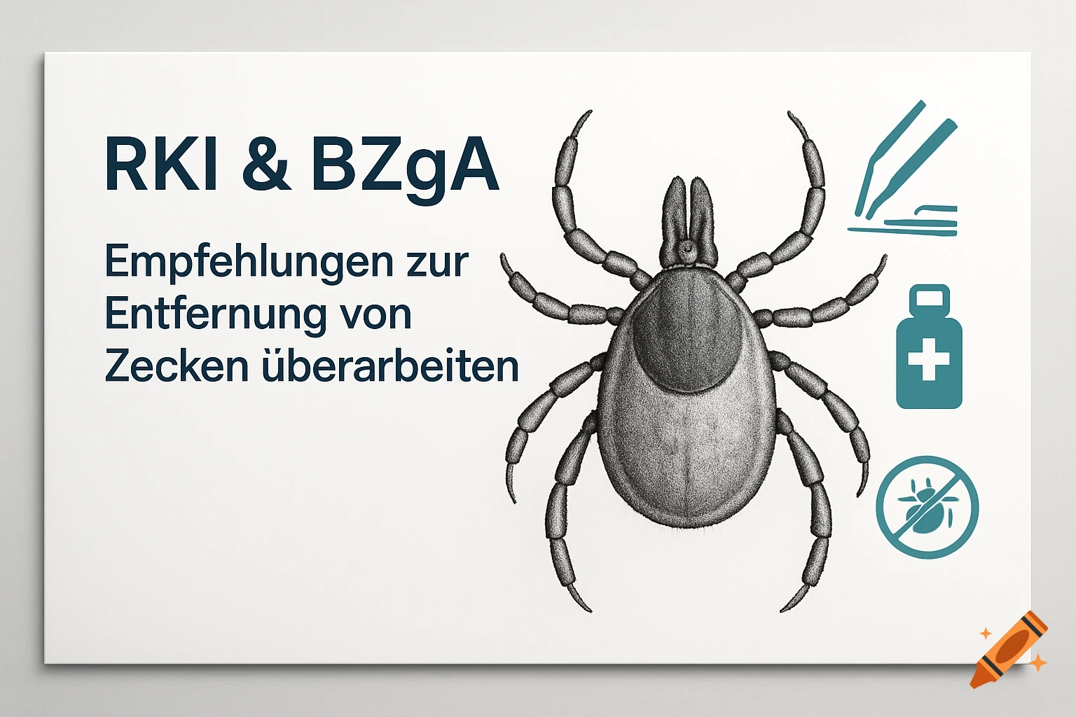 An illustration of a tick with text about RKI & BZgA recommendations for tick removal.