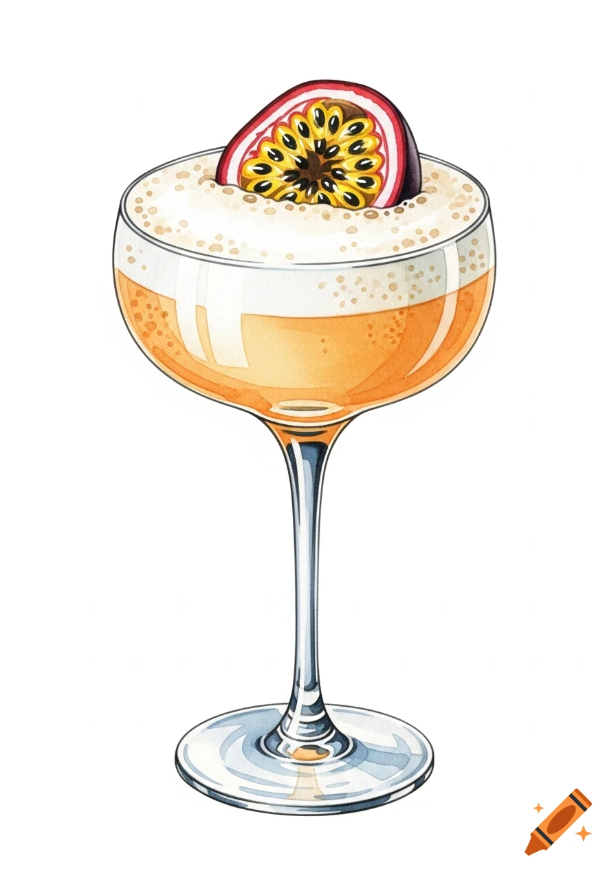 A watercolor illustration of a coupe cocktail glass with orange liquid, white foam, and a passionfruit slice on top.