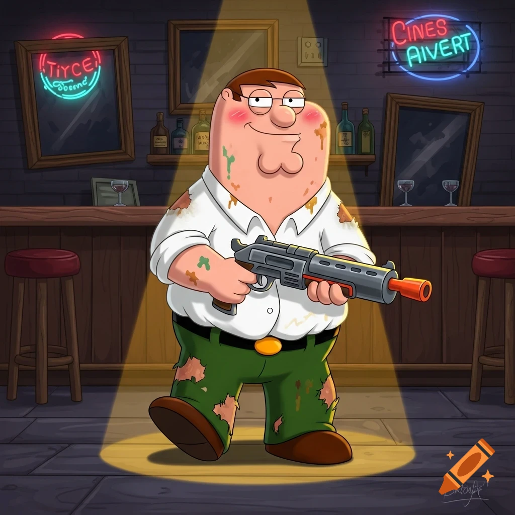 Peter Griffin, covered in mud and dirt, stands in a spotlight at a bar holding a toy gun.