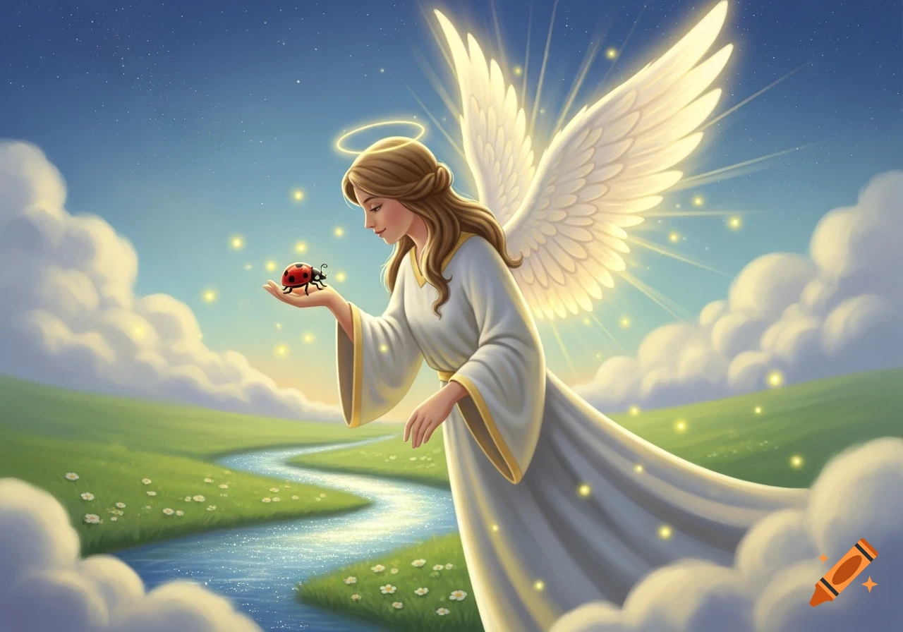 A serene angel with long brown hair and large white wings gently holds a red ladybug in her hand, set against a vibrant green landscape with a sparkling river and a starry blue sky.