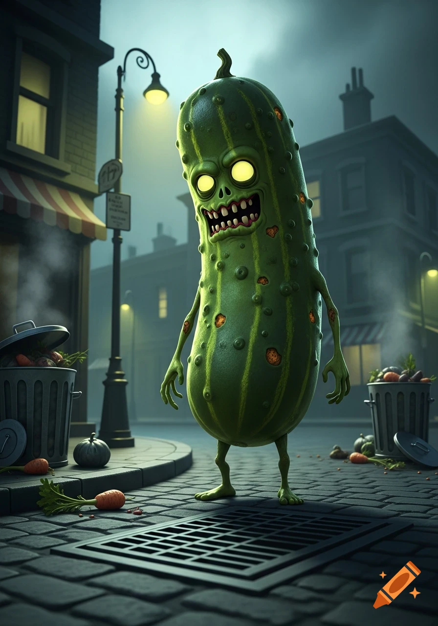 A stylized green zombie pickle with glowing yellow eyes stands on a dark, wet cobblestone street at night, with streetlights and buildings in the background.