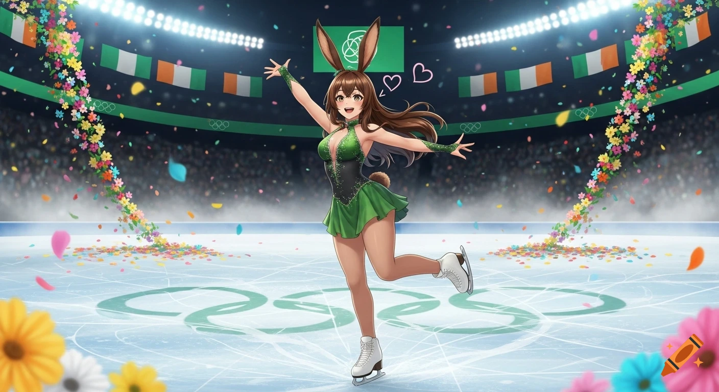 Anime girl with rabbit ears and tail in a green figure skating outfit, happily skating on an Olympic ice rink with Irish flags and falling flowers.