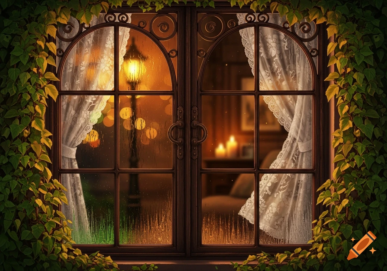 Rainy arched window with ivy and warm candlelight inside, lace curtains, cozy autumn night, romantic intimate mood