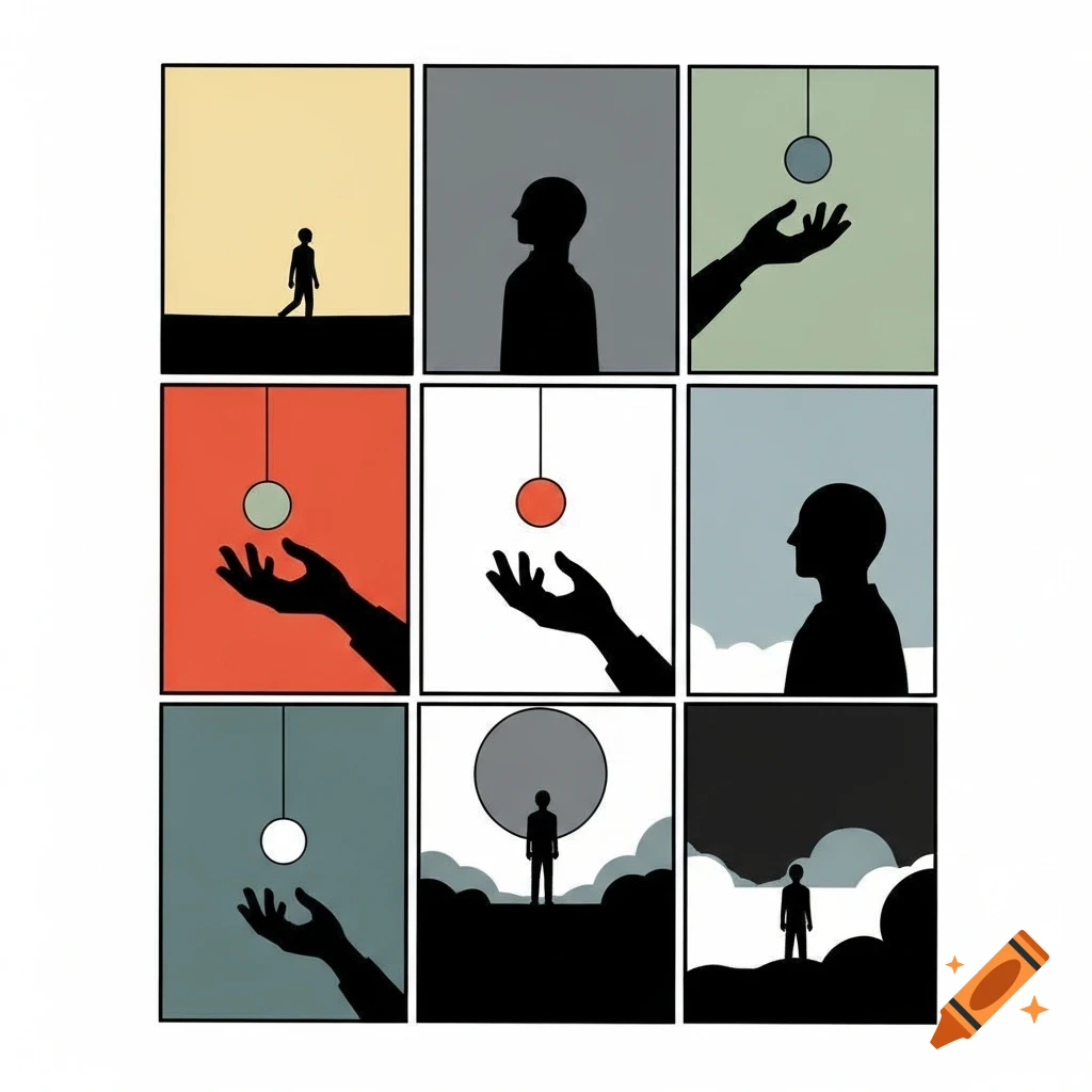 Nine-panel minimalist comic strip showing silhouettes of figures and hands interacting with suspended spheres against colored backgrounds.