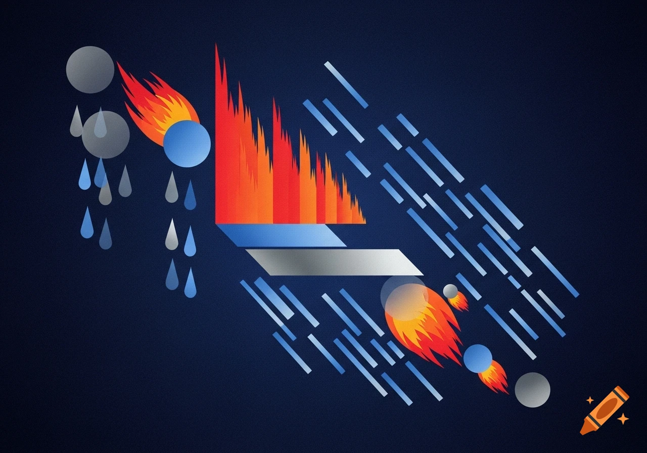 Abstract geometric illustration of rain, fire, and wind on a dark blue background.