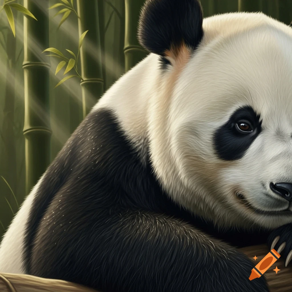 Close-up photorealistic portrait of a panda bear with detailed fur, resting in a bamboo forest.