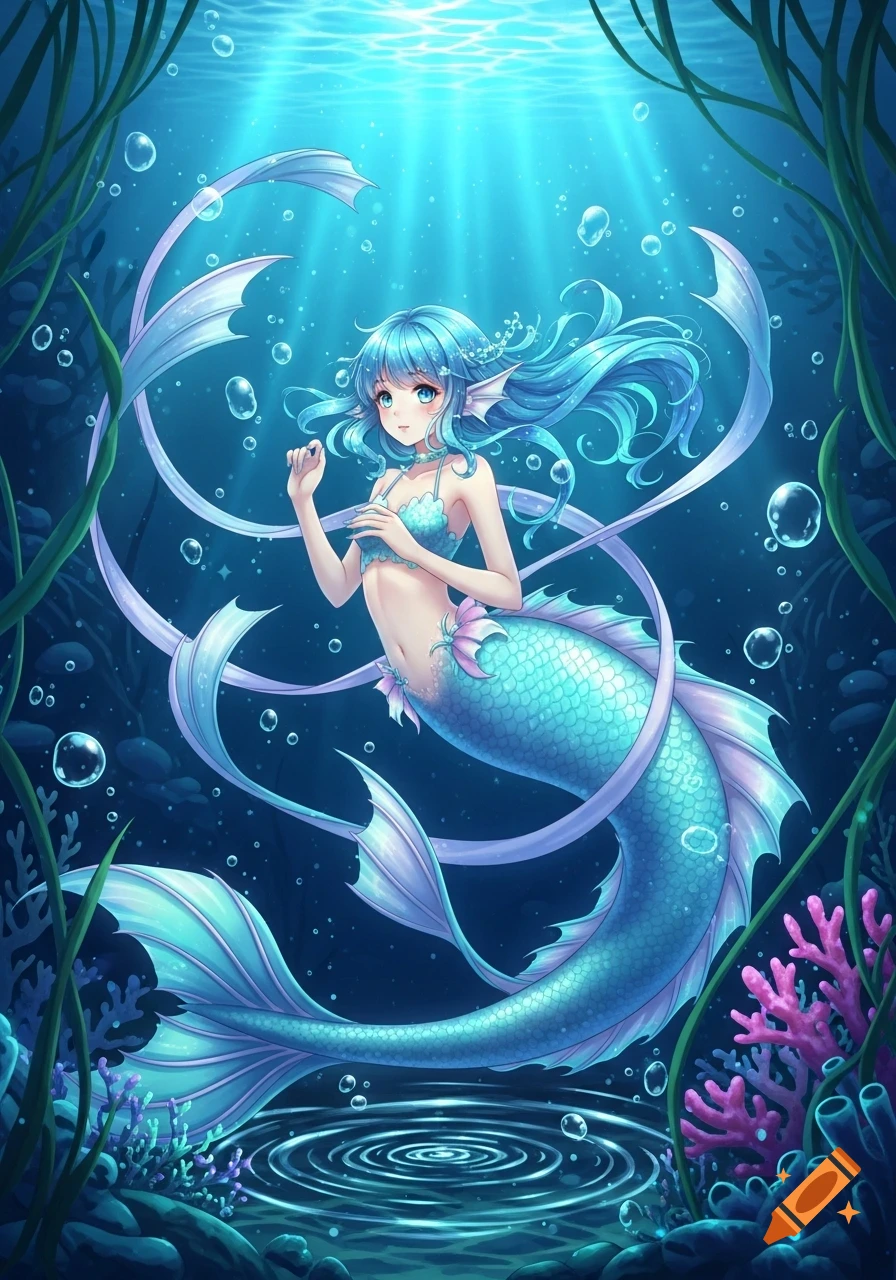Anime mermaid with blue hair and a turquoise tail swims gracefully in a vibrant underwater scene with light rays, seaweed, and coral.