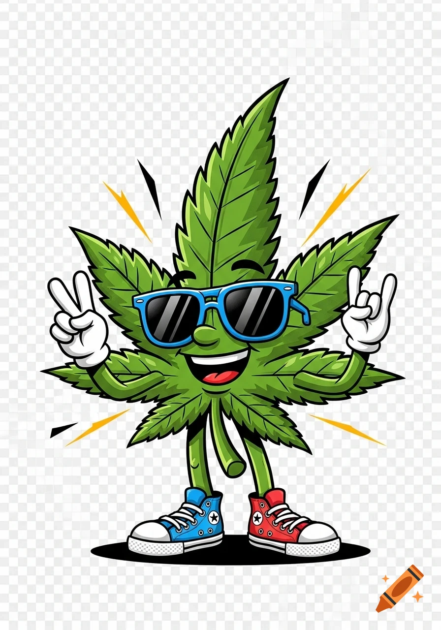 A whimsical, cartoonish marijuana leaf character with a happy expression, wearing blue sunglasses, making a peace sign and a rock-on sign, wearing red and blue sneakers, on a transparent background.
