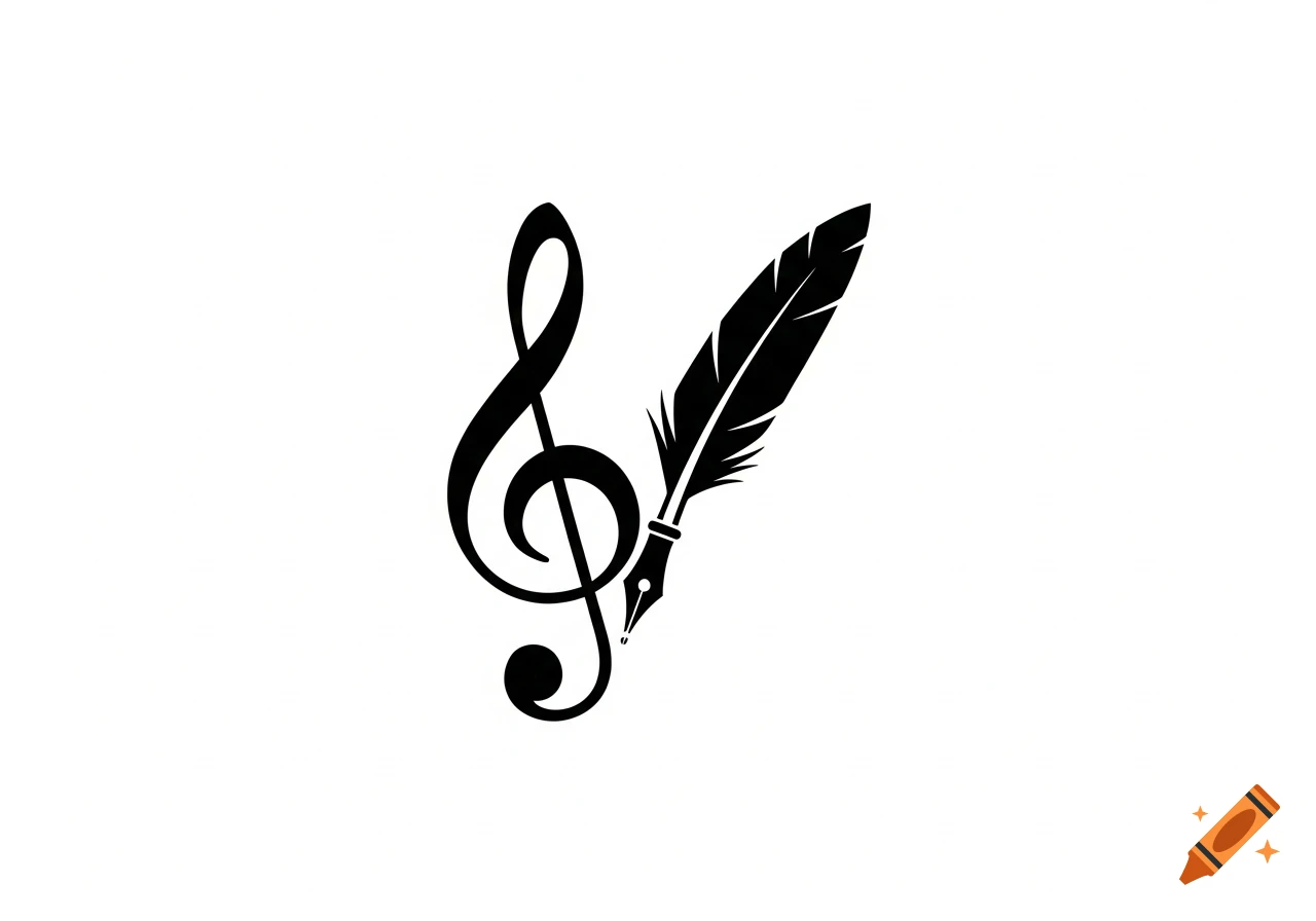 Black silhouette of a treble clef intertwined with a quill pen on a white background.