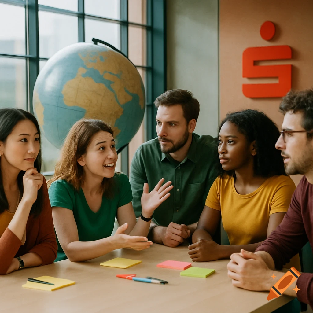 Five diverse people discussing around a table in an office with a globe and Sparkasse logo in a photorealistic style.