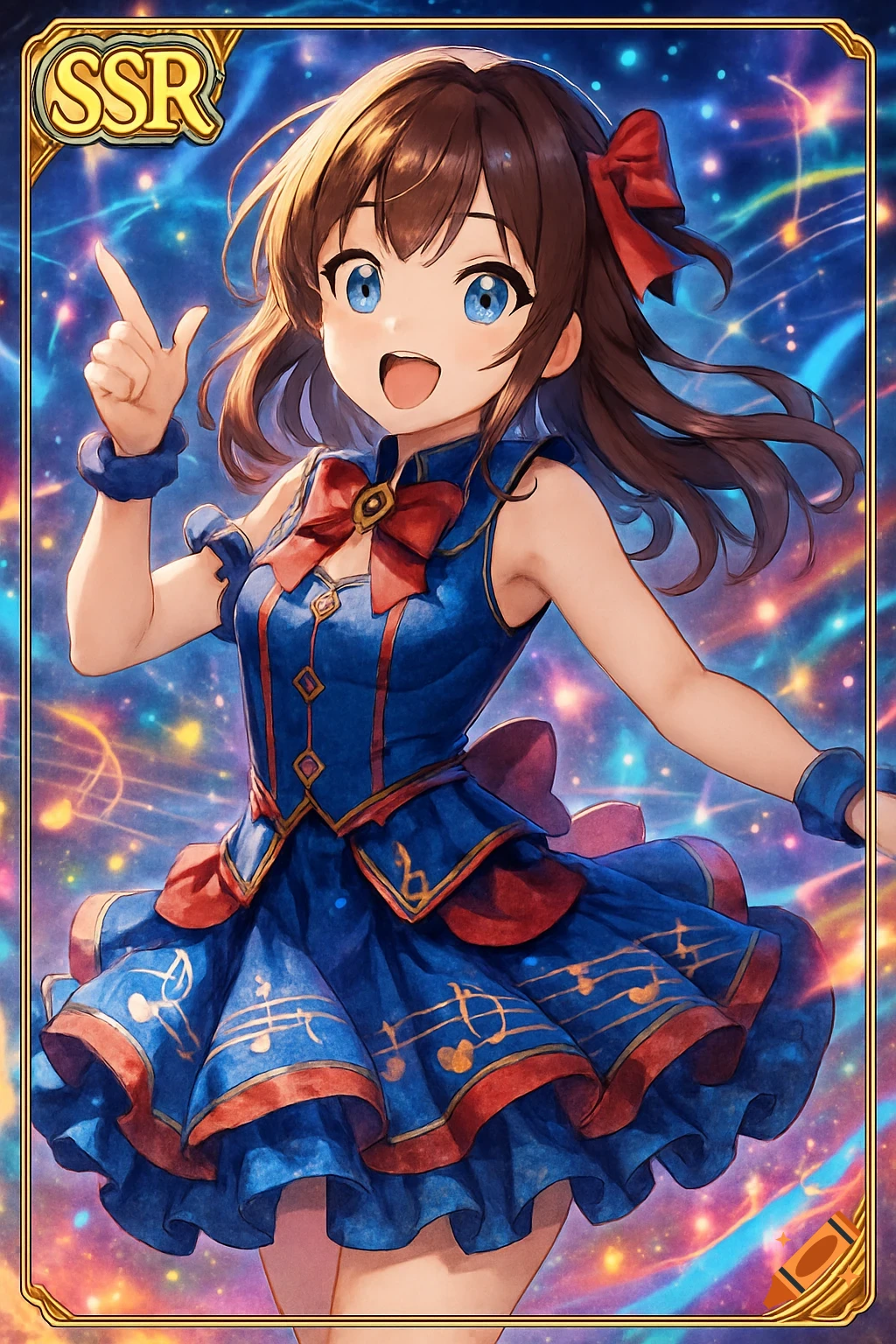 Anime girl with brown hair and blue eyes in a blue and red dress with musical notes, pointing up on a colorful starry gacha card.