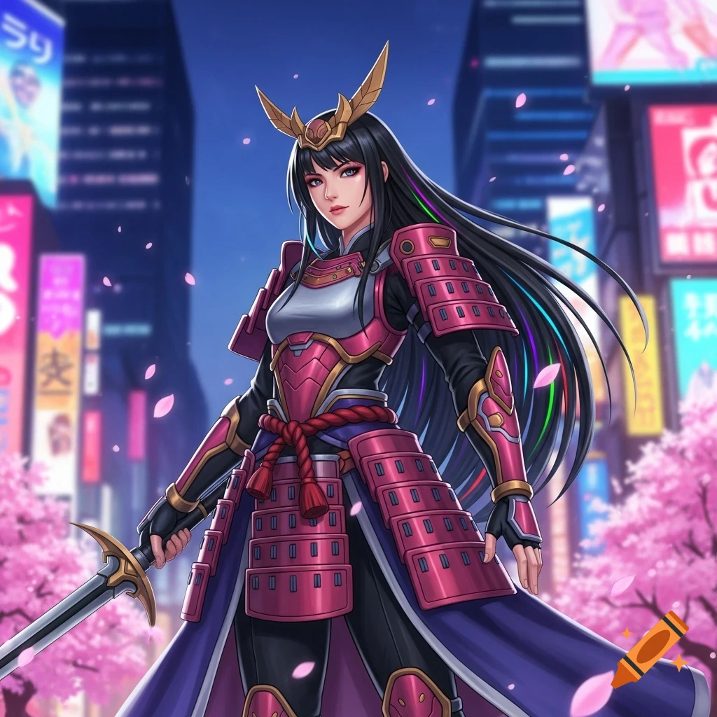 A female samurai in pink and purple armor with a sword stands amidst cherry blossoms in a cyberpunk city at night.