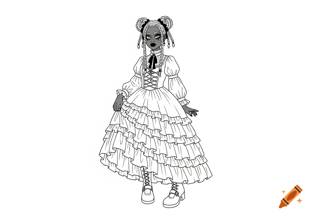 Line art of a goth woman in a ruffled dress, goth makeup, and braided buns.