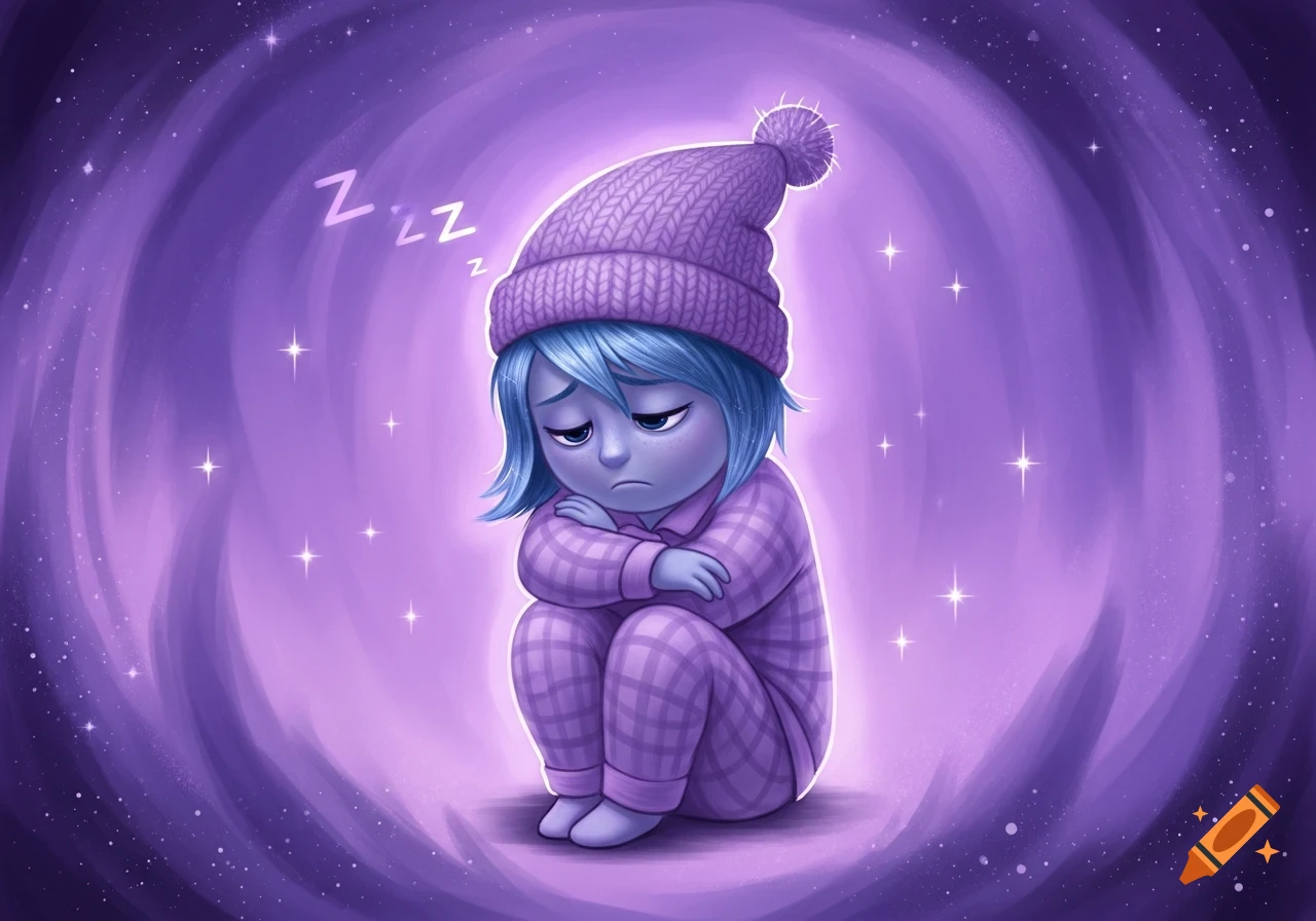 A sad, blue-skinned cartoon character with blue hair, in purple plaid pajamas and a beanie, sits curled up under floating 'Zzz' symbols in a starry purple void.