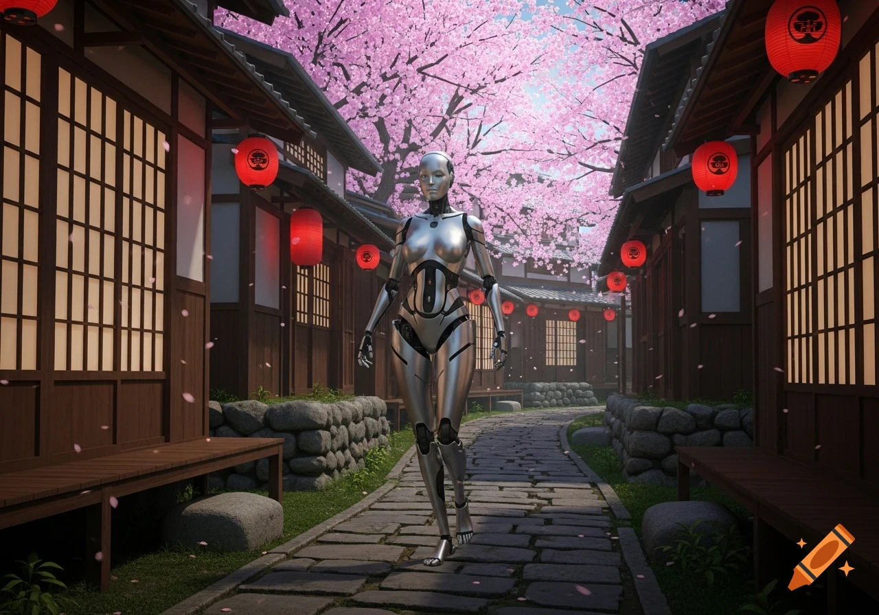 A metallic female robot walks down a stone path in a traditional Japanese village lined with wooden buildings and red lanterns under blooming pink cherry blossom trees, with petals falling.